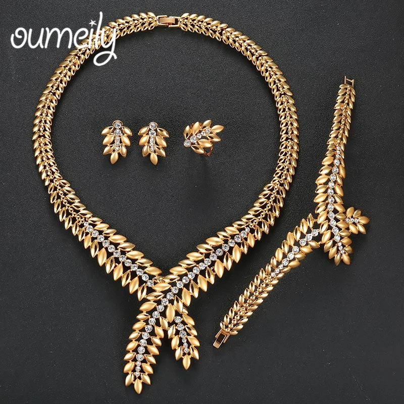 OUMEILY Jewelry Sets Women Gold Color African Beads Jewelry Set Imitation Crystal Dubai Leaves Jewelry Sets Nigeria Jewellery