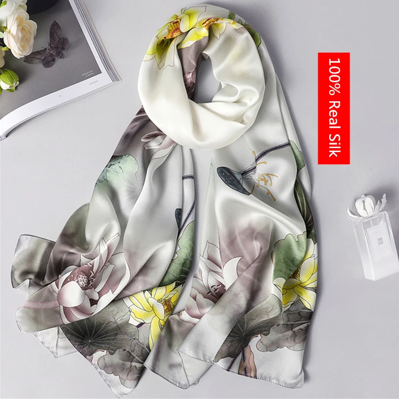 

100% real silk scarf women 2019 new fashion shawl and wrap high quality soft long neck scarf for lady elegant floral print scarf