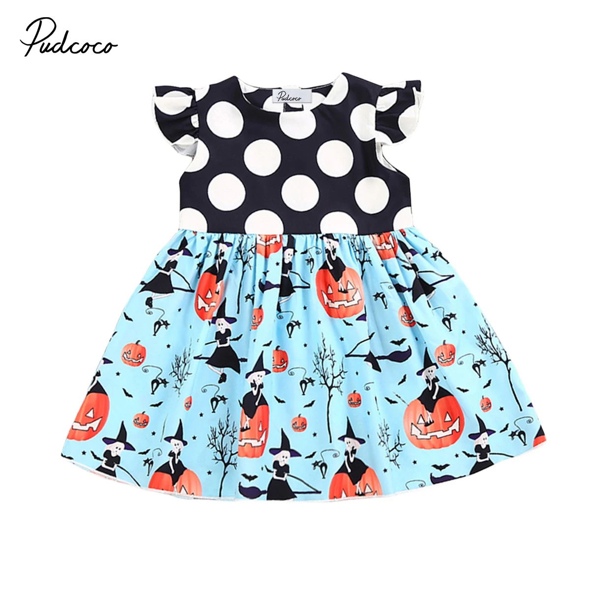 

Cute Halloween Baby Girls Princess Dress Pumpkin Kids Ruffles Sleeve Blue Polka Dot Party Pageant Holiday Dresses Clothes