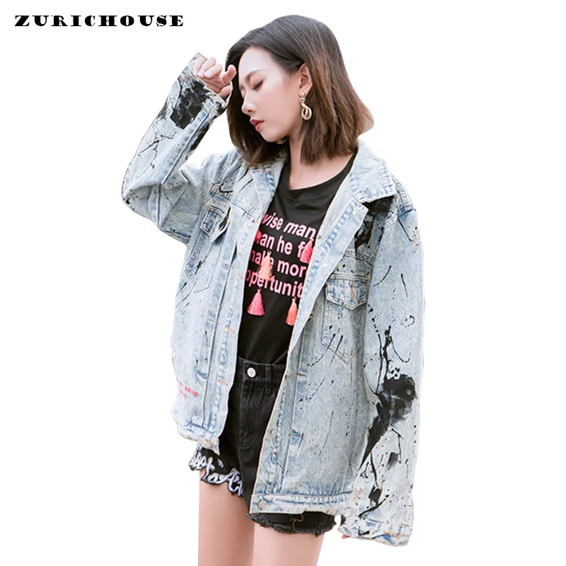 

Fashion Graffiti Patchwork Print Design Jeans Jacket Woman Spring Couple Outerwear 2019 New Streetwear Style Women Denim Jacket