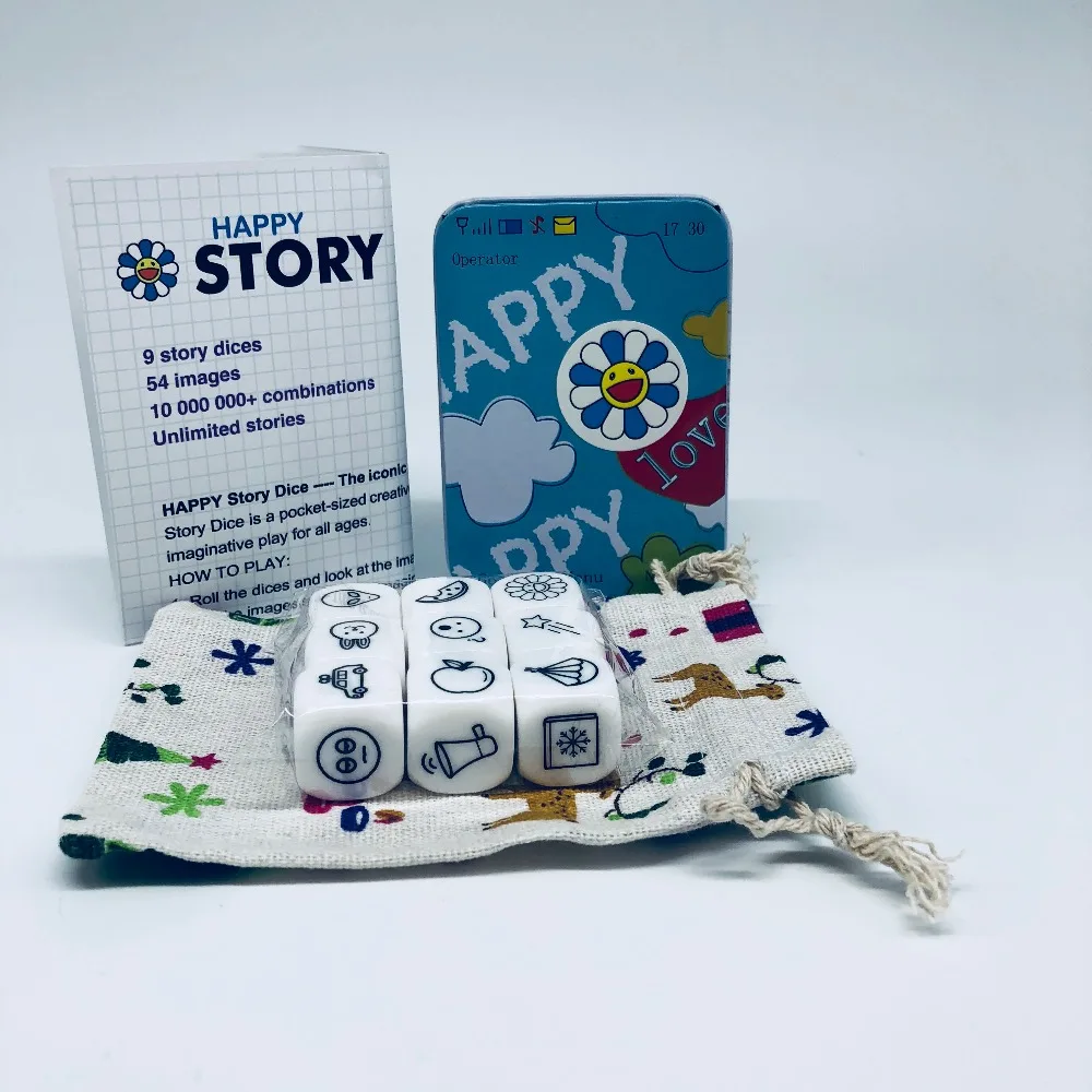 

board game story Cube dice game look picture telling a story cubes with Metal boxes Hemp Bag for family fun party Gift For kid