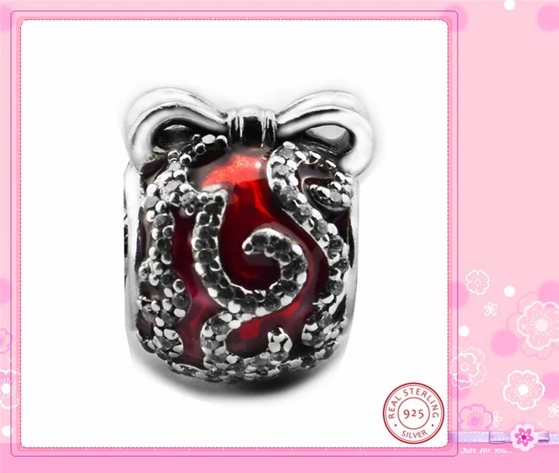 Рождественский яркий Бисер для вышивания Красная эмаль прозрачный CZ DIY Fit PANDORA Подвески Серебро 925 для женщин Изготовление ювелирных изделий FL631