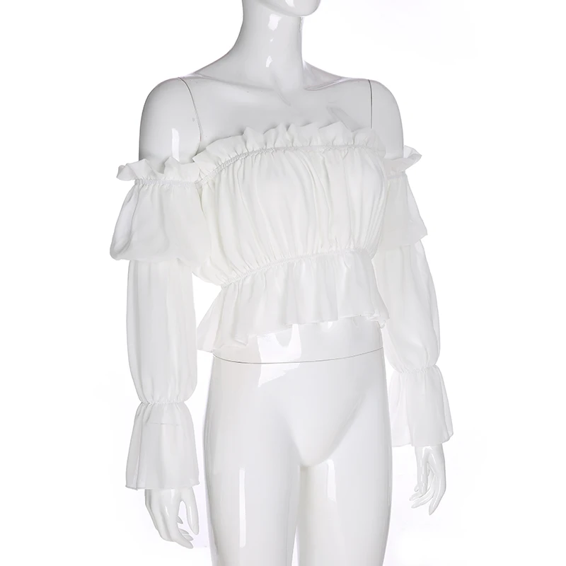 Rapwriter сексуальные оборки, открытые плечи шифоновые белые блузки для женщин летняя уличная однотонная с длинным рукавом в стиле ретро короткая рубашка