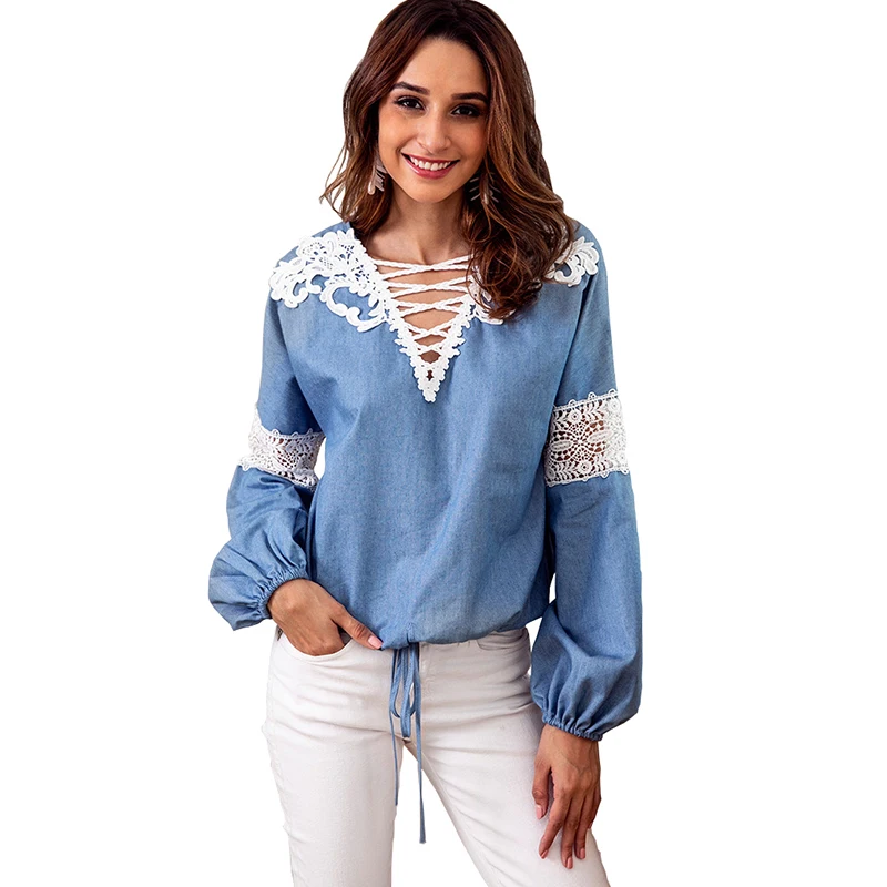 En Ligne Denim Blouse Femmes Manches Longues Sexy V Neck Top Bandage Automne Blouses Et Chemises Creux Out Dentelle Chemise Patchwork Dames tops