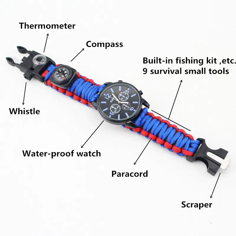 Открытый выживания часы Кемпинг многофункциональный аварийный выживания Инструменты светящиеся водонепроницаемые часы спасательная веревка Паракорд Браслет