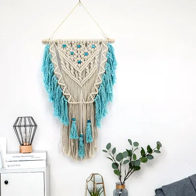 

2019 New Blue Macrame Woven Wall Tapestry Handmade Wall Hanging Tapestry Wedding Ceremony Cotton Cord art Tapestry Beige