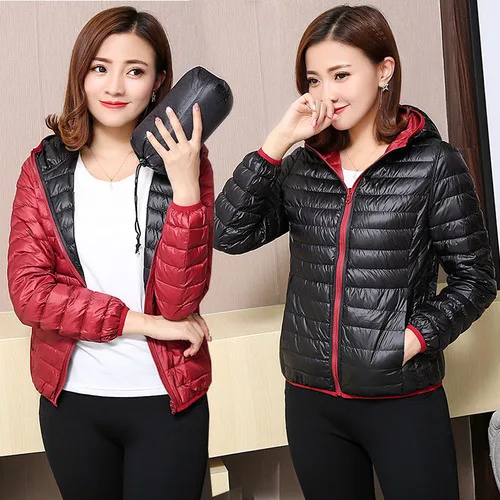 Wine red-black hood Прямая поставка, женские куртки, ультра легкий пуховик для женщин, новинка, осенне-зимнее пальто, куртки для женщин, двухсторонняя Женская куртка - Цвет: Wine red-black hood