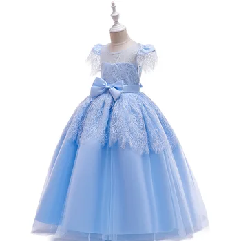 

Georous Ballgown Long Lace Sky Blue Kids Formal Gown Birthday Party Dresses Cap Sleeves First Communion Dresses 2019