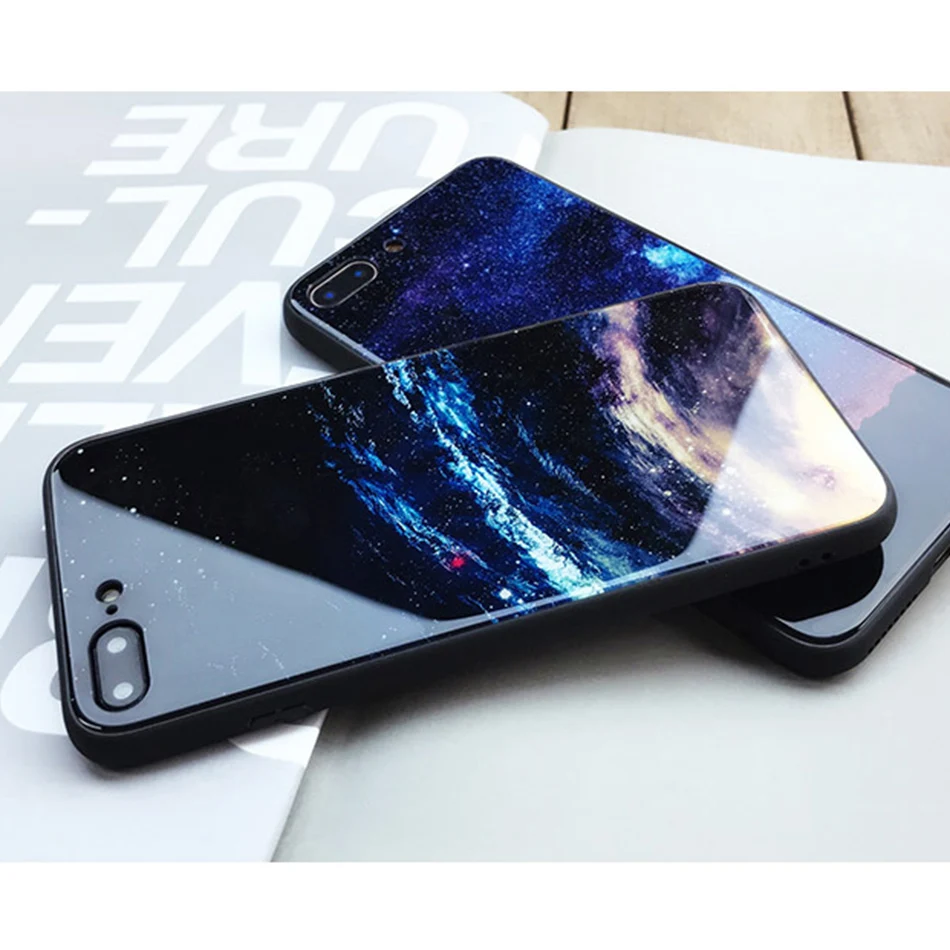 TOMKAS Temper Glass Case For iPhone X 8 7 6 6s Plus Cover Phone Cases For iPhone X 8 7 6 s Case Silicone TPU PC Star Sky Pattern (13)