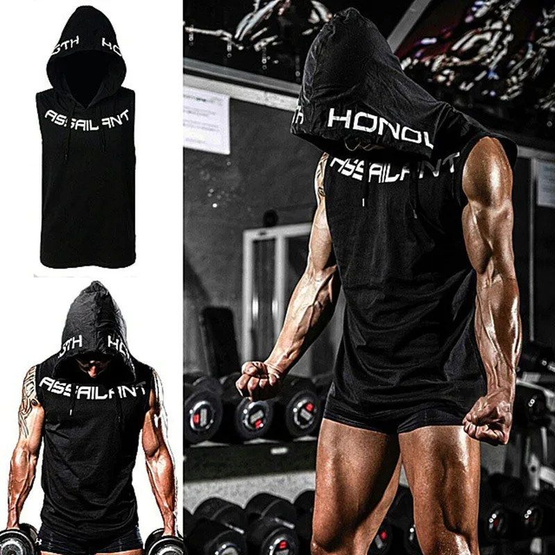 

High Quality Gyms 2019 New Stretchy Sleeveless Shirt Casual Fashion Hooded Tank Top Men summer Fitted Slim Clothing Brand