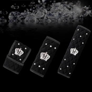 

Luxury Diamond Auto Hand Brake Gear Cover Car Seat Belt Shoulder Pad Velvet Cover Crown Woman Car Styling For Mercedes BMW Audi
