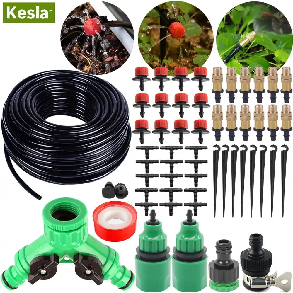 

KESLA 20M 25M 30M Watering Drip Irrigation System Watering Kit with 1/4'' PVC Garden Hose Misting Sprinkler Dripper Tee Adaptor