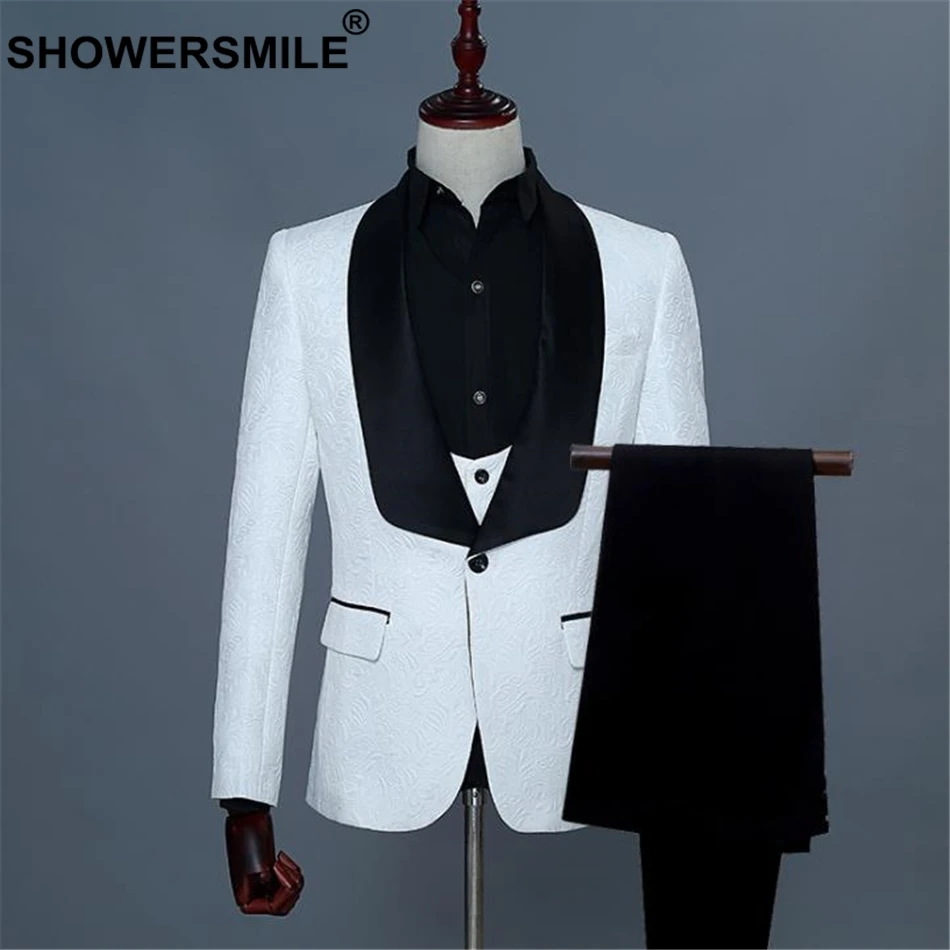 SHOWERSMILE Wedding Suit Men 3 Pieces Formal White Slim Fit Suit Jacket Bridegroom Set Blazer+Trousers+Vest Western Wedding Suit