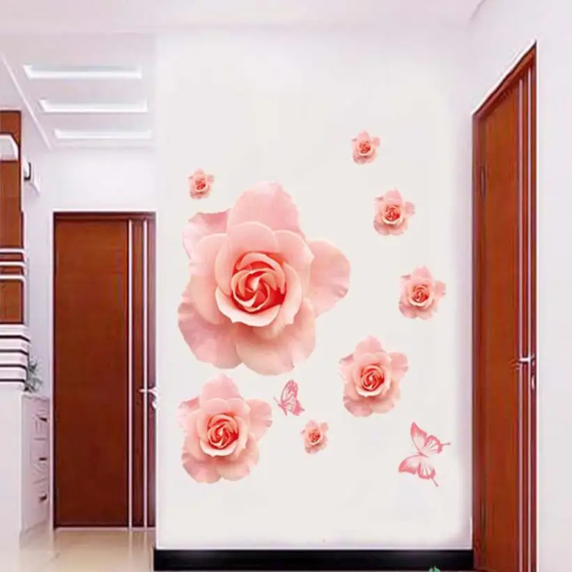 Beautiful Pink 3d Flowers Wall Sticker Romantic Butterfly Floral