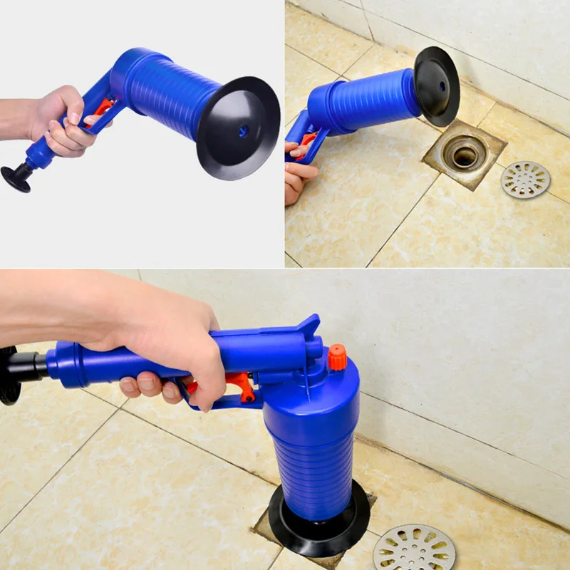 Toilet Cleaning Brush Bathroom Accessory Gun Type Floor Drain Suction Air Pressure Cleaning Tool 4 Plugs