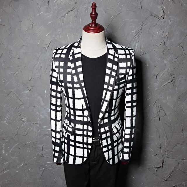 Black White Plaid Print Blazer Jacket Men Casual Slim Fit Male Wedding