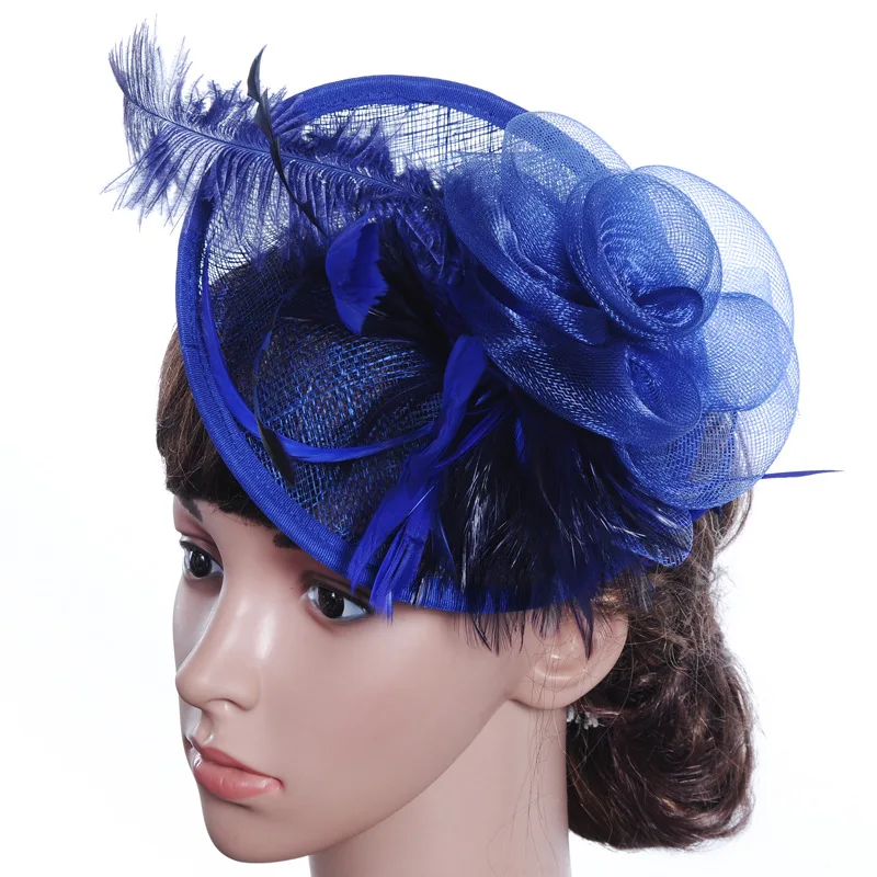 Banquet Party Fedoras Hat Women Ladies Day Royal Ascot Sinamay Fascinator Cap European American Bride Headdress Girls Hats H7108 - Color: BlueB