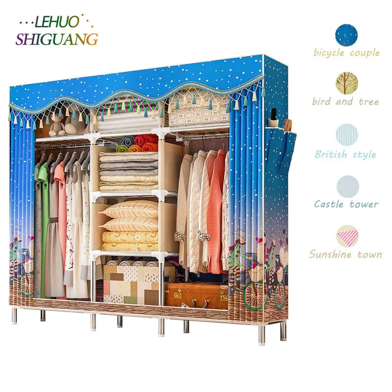 

Fashion 8 layer Cloth Wardrobe With Side Pockets Large Size 25MM Steel Pipe Combination Dustproof Cabinet Storage Furniture