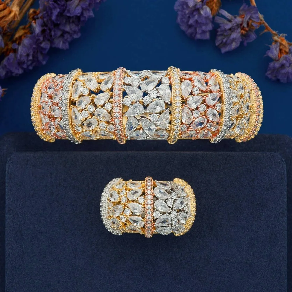 

ModemAngel Fashion Brand Luxury Cubic Zirconia 3Tone Gold Color Women Bridal Wedding High Quality Bracelet Bangle And Ring Set