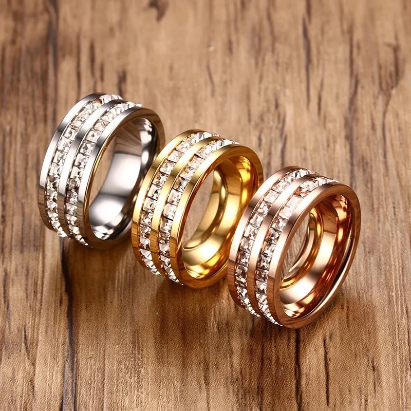 Vnox двойные ряда CZ камни Кольцо для женщин элегантное розовое золото цвет нержавеющая сталь обручальное кольцо женский союз ювелирные изделия