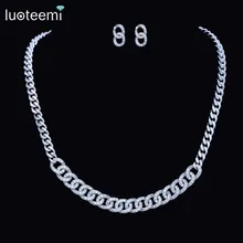 LUOTEEMI Nuevo Diseño Simple Micro Pavimentada Shining CZ Cristalino del Oro Blanco Plateó La Joyería de Moda Largo Collar de Cadena con Eslabón Cubano Regalos