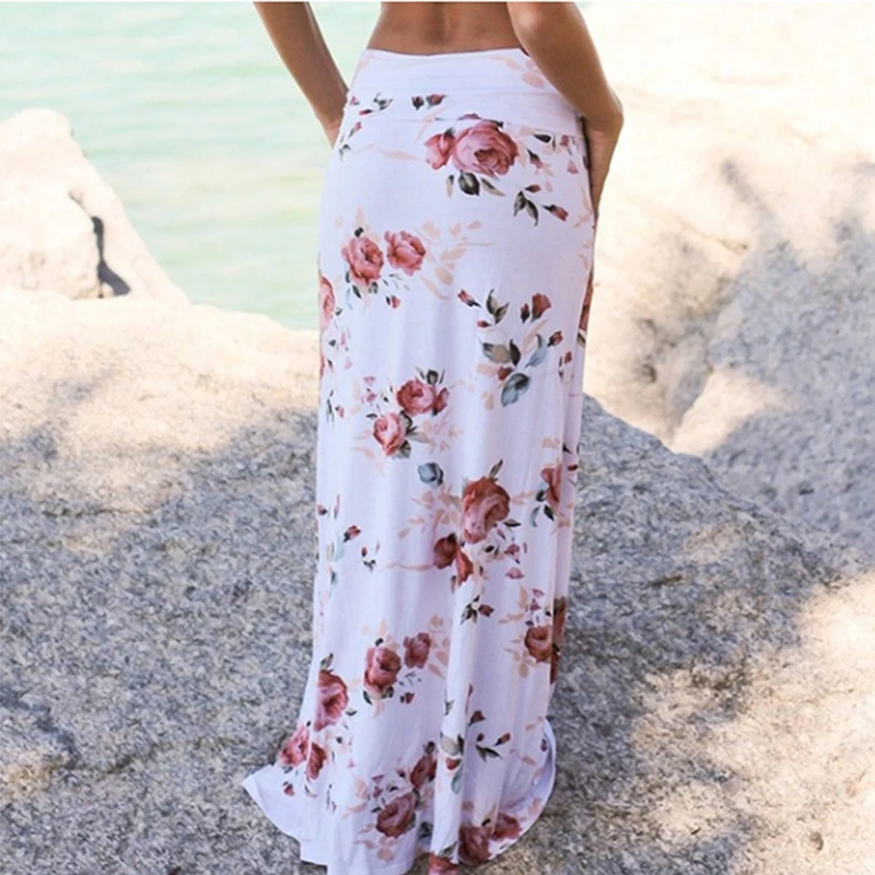 

New Boho Flower Printed Maxi Skirts Women Pocket Casual Beach Long Skirt Elastic Waist Faldas Saia