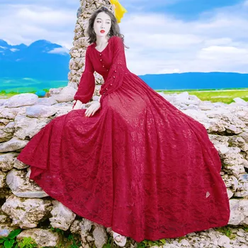 

Retro Slim Red Lace Long Maxi Dress Folk Tibet Beach Lake Vacation Wear Beach Big Swing Women Vintage V Neck Rockabilly Dresses