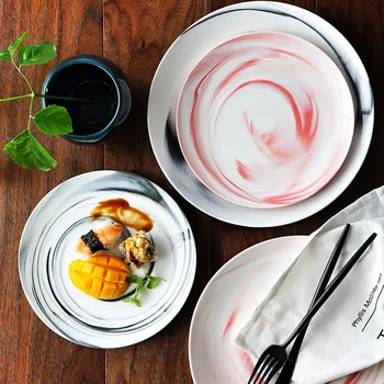 

1PC 6/8/10 inch Marble Pattern Ceramic Plate Dinner Dishes Pasta Steak Dessert Circular Fruit Plates Fine Bone China Kitchenware