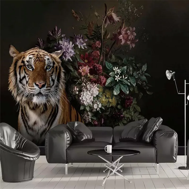 

Black hand-painted lily tiger bedroom Nordic background wall professional production mural wallpaper custom poster photo wall