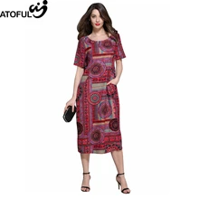 Atoful vendimia suelta Vestidos mujeres multicolor impresión 2017 verano otoño patrón Vestido de manga corta más tamaño 4xl 5xl vestido