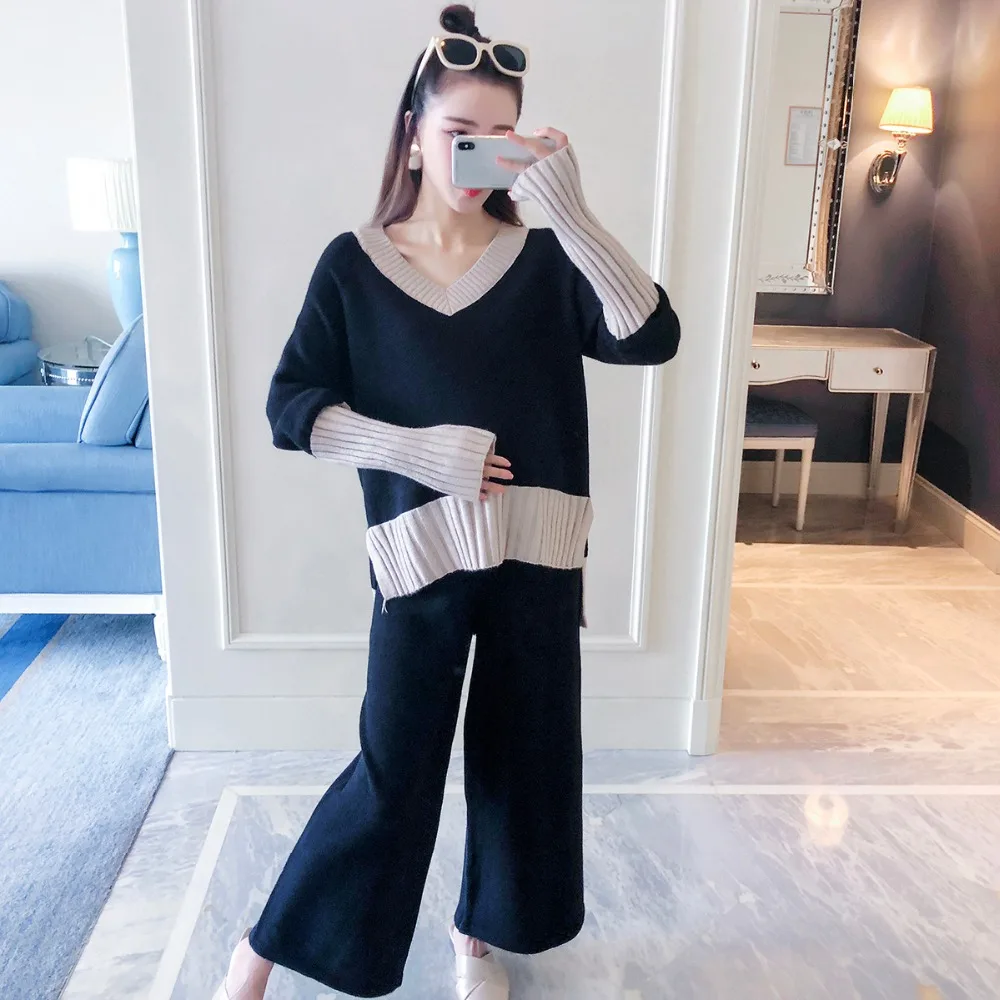 Pregnant women suit autumn new fashion long-sleeved trousers color matching V-neck out casual sweater two-piece