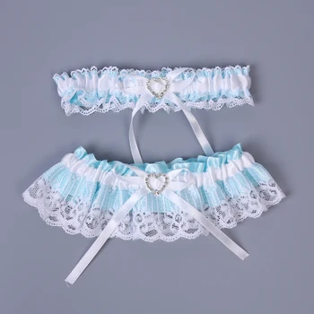 

2pcs Wedding Garter White Lace Wedding Accessories Bridal Bow Rhinestone Heart Shaped Elastic Tape Leg Rings