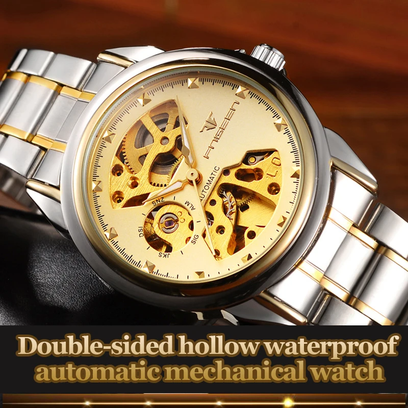

FNGEEN Genuine Leather strap Mechanical Watches Applied Gold Index Marker Skeleton Dial Automatic Movement Fashion Wrist Watch