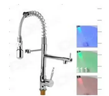 

High quality 100% brass.3 Color Automatic Change led faucet kitchen.pull out spring kitchen sink spray taps.size:50cm
