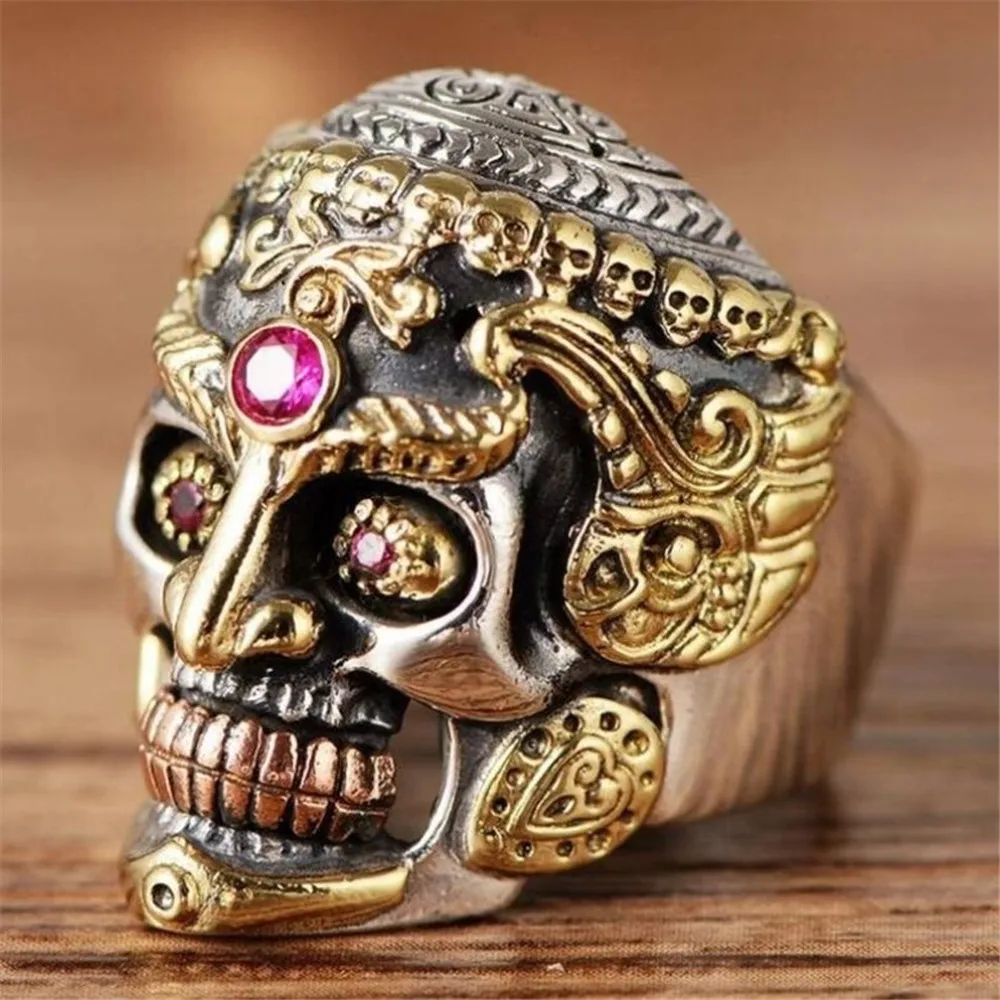 

2019 New Male Finger Rings Skull Fashion Domineering Gold Pattern Carving Men Signet Rings with Red Stone Dropshipping
