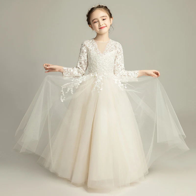 Платье для Святого Причастия цвета шампанского платья с длинными рукавами и цветочным узором для девочек на свадьбу Вечернее платье бальное платье Детское нарядное платье на день рождения