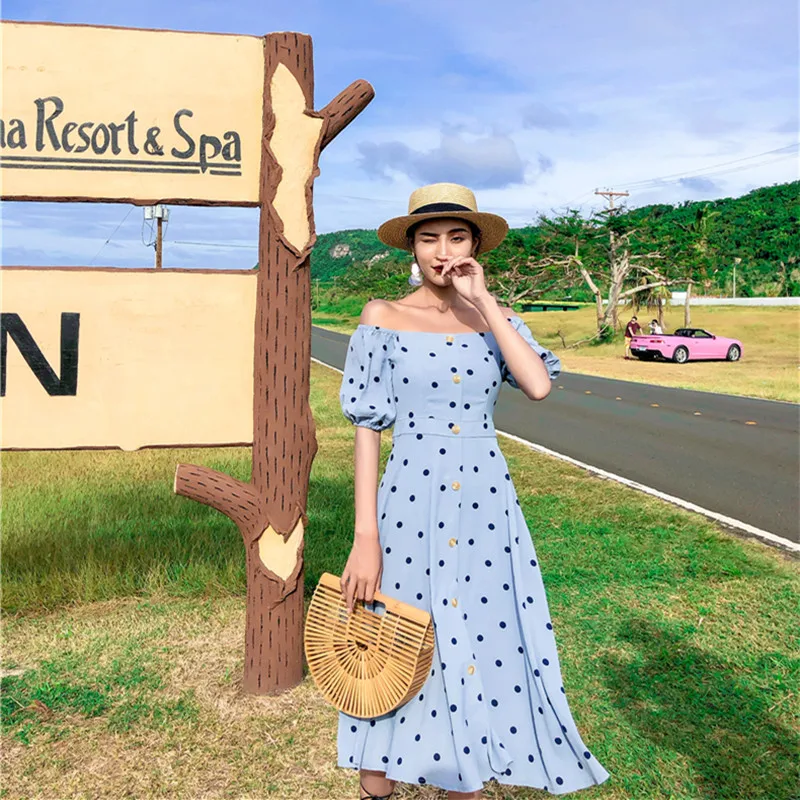 

Vintage Polka Dot Dress Summer Beach Female Square Collar Hepburn Style 50s 60s Dresses Robe Elegant Midi Long Dress 2019 Vestid
