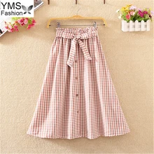 Летняя женская винтажная клетчатая юбка корейский элегантный бант с высокой талией Миди Юбка Повседневная Кнопка школьная плиссированная юбка