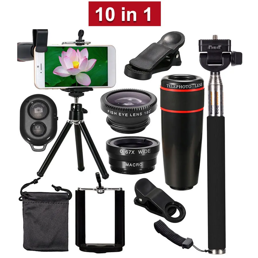 

10 in 1 Phone Camera Lens Kit 8X 12X Telephoto Telescope Lens Fisheye Macro Wide Angle Lenses Selfie Stick Tripod For Smartphone