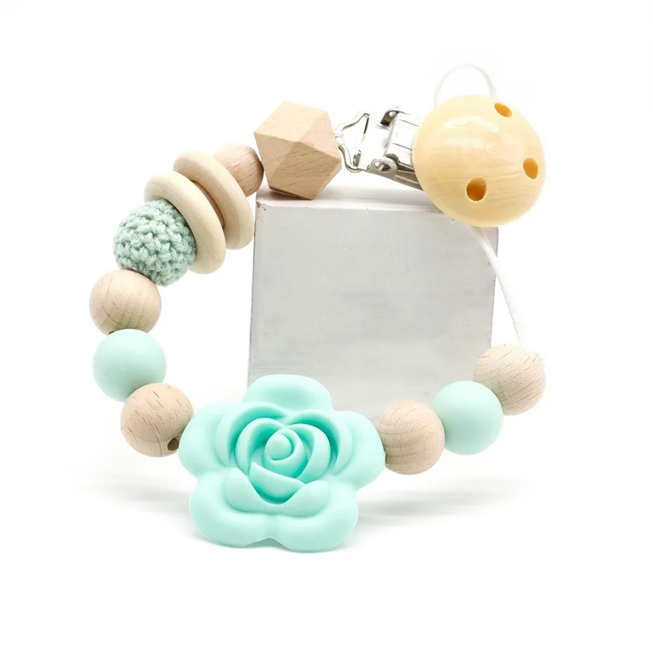 Wood Baby Wooden Pacifier Chain Holder Clip Silicone Bead Clips 5
