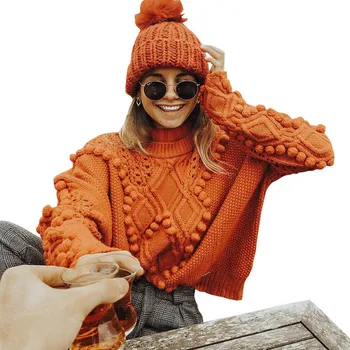 

Winter Women Casual Turtleneck Sweaters Cute Pom Pom Knitted Jumpers Female Long Sleeve Runway Pullovers Fashion Loose Sweaters
