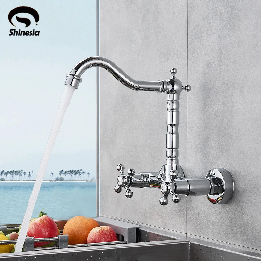 Chrome Polish Kitchen Faucet Wall Mount Dual Handle Hot And Cold Water