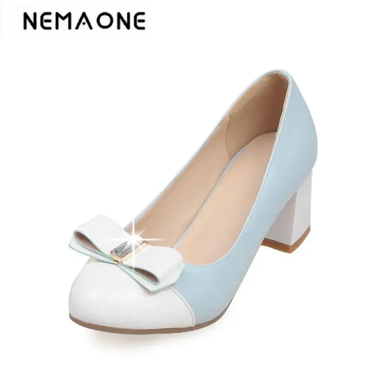 

2018 New sweet high Heel Women's Pumps Spring Autumn rouned toe bowtie Female Square Heel Pumps Ladies Single Shoes
