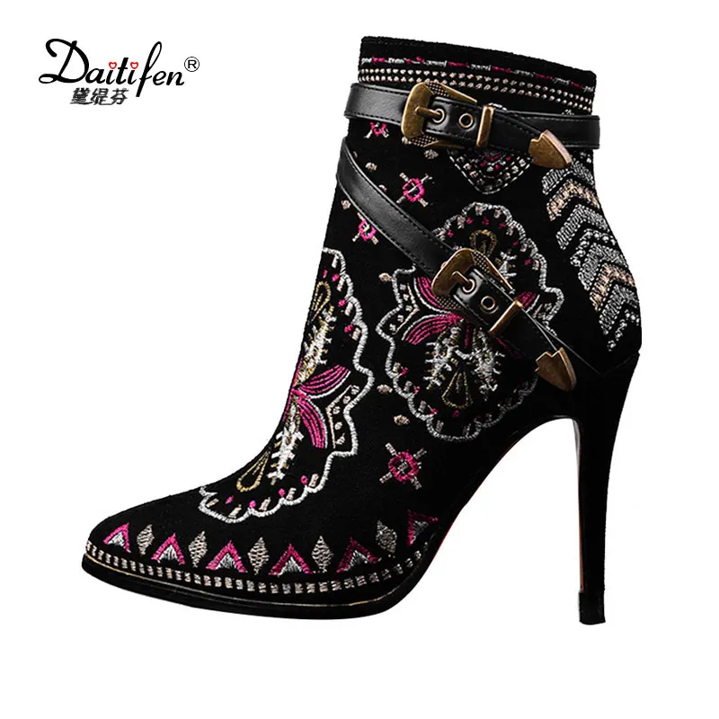 

Daitifen 2018 Sexy Cow Suede Floral Embroidery Thin High Heels Woman Ankle Boots Pointed Toe Fall Winter Short Buckle Shoes