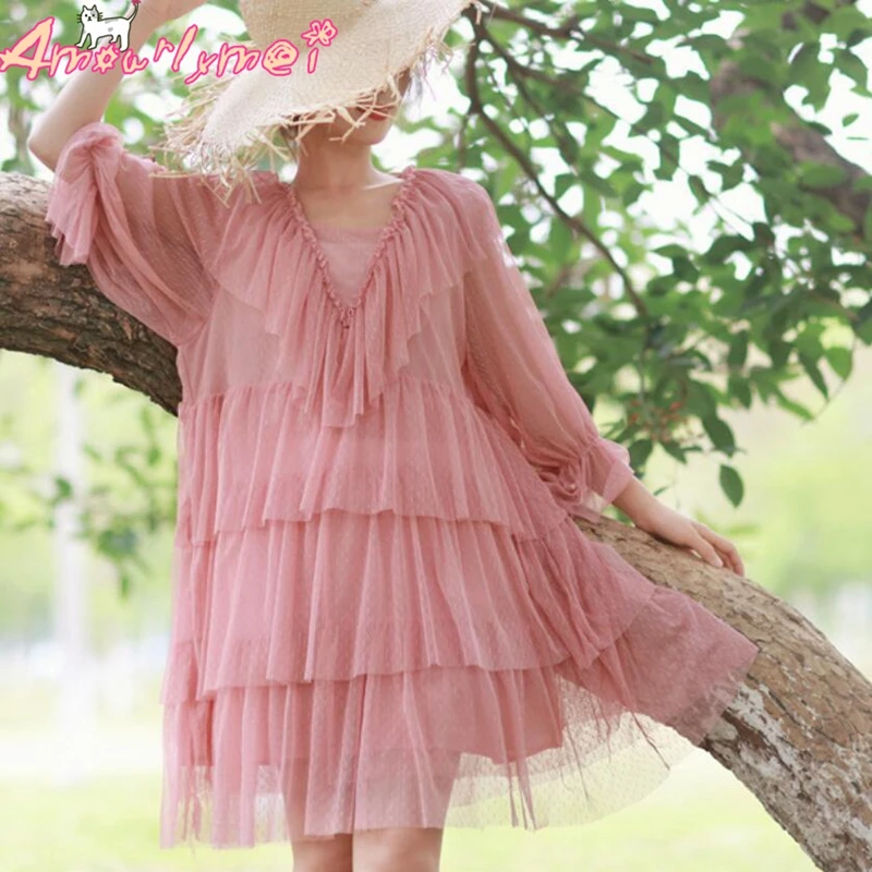 2019 летнее женское платье в японском стиле, девушка Мори милое розовое платье с рукавами-фонариками, кружевное платье принцессы с оборками