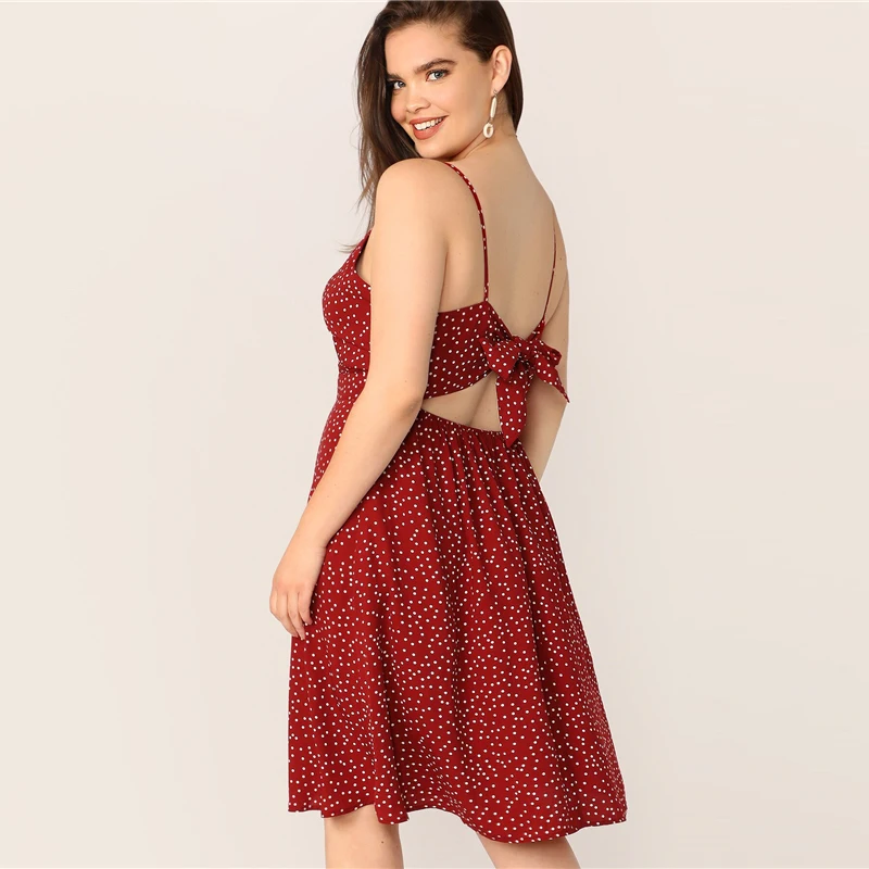 SHEIN, платье-комбинация размера плюс бордового цвета с вырезами и завязками на спине,, женское летнее платье в стиле бохо с глубоким v-образным вырезом, платье в горошек с открытой спиной