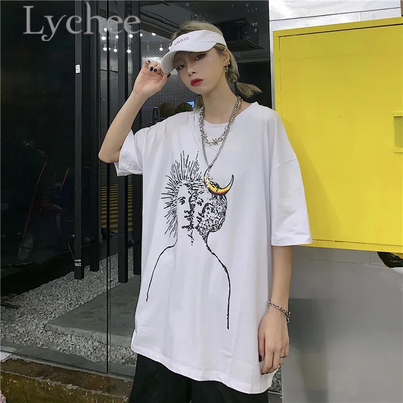 Lychee уличная женская футболка с принтом лица и Луны топы футболки коротким