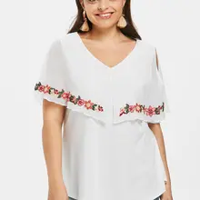 Wipalo размера плюс 5XL v-образный вырез Цветочная вышивка капель футболка Летняя повседневная с открытыми плечами короткий рукав топы Женская одежда