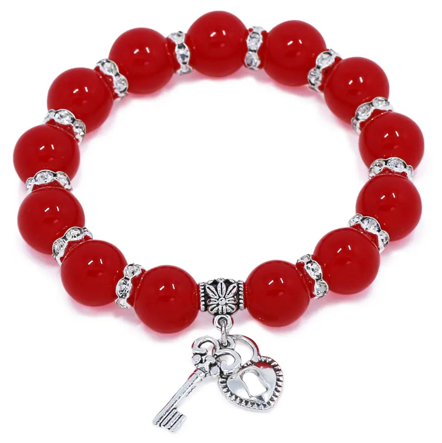 Multi Color Adjustable Lovers Jelly Beads Elastic Bracelet for Women Fashion Lock Key Beaded