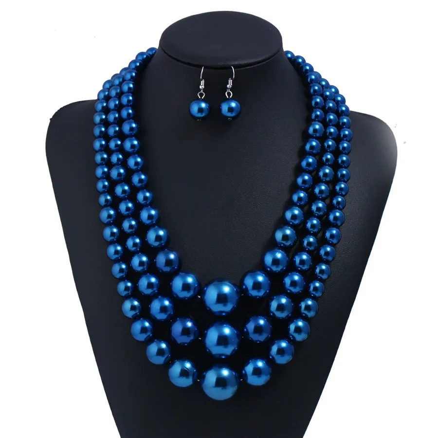 Большие размеры, Королевский синий цвет, имитация жемчуга, африканские Ювелирные наборы, 3 слоя, синие вечерние жемчужные ожерелья, серьги, модные свадебные ювелирные изделия - Окраска металла: jewjewelry set